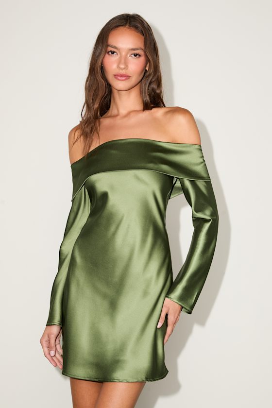 Luxurious Vision Brown Satin Off-the-Shoulder Mini Dress
