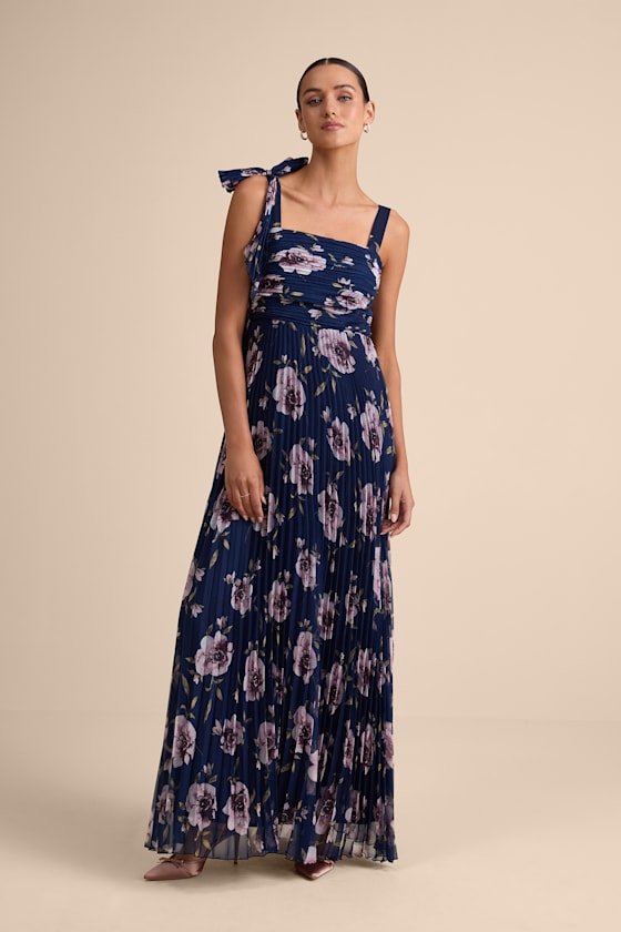 Gorgeous Purpose Slate Satin Pleated Sleeveless Bow Maxi Dress
