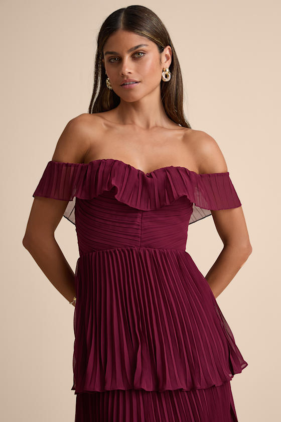 Always Remarkable Rusty Rose Pleated Off-the-Shoulder Maxi Dress