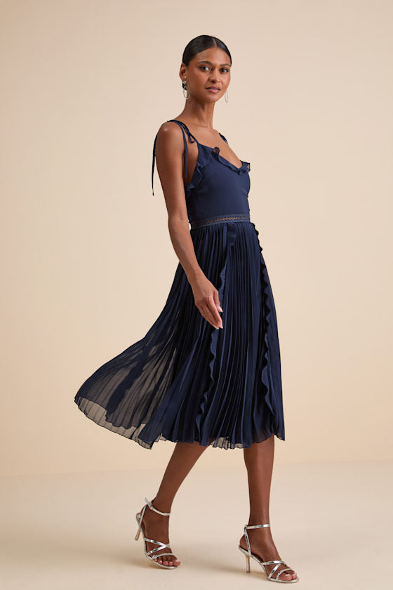 Never a Dull Moment White Tie-Strap Pleated Midi Dress