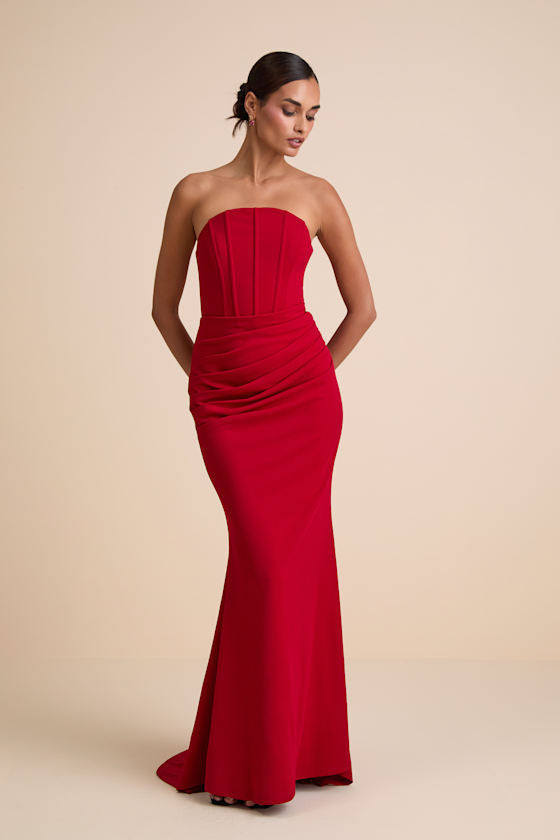 Laney Red Strapless Corset Maxi Dress #Color_Red