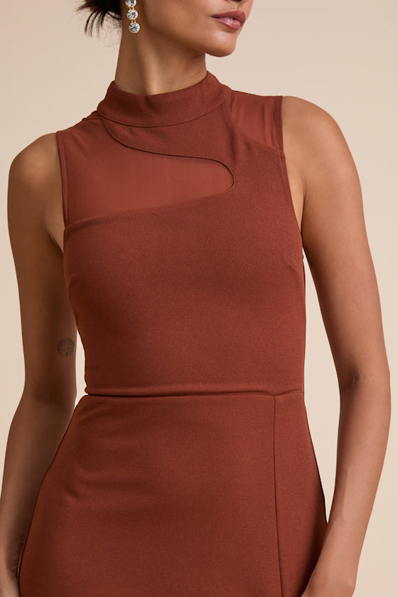 Irresistibly Modern Rust Brown Mesh Mock Neck Maxi Dress #Color_Rust Brown