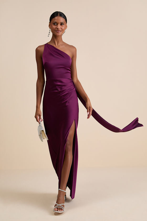 Signature Elegance Slate Blue Satin One-Shoulder Maxi Dress