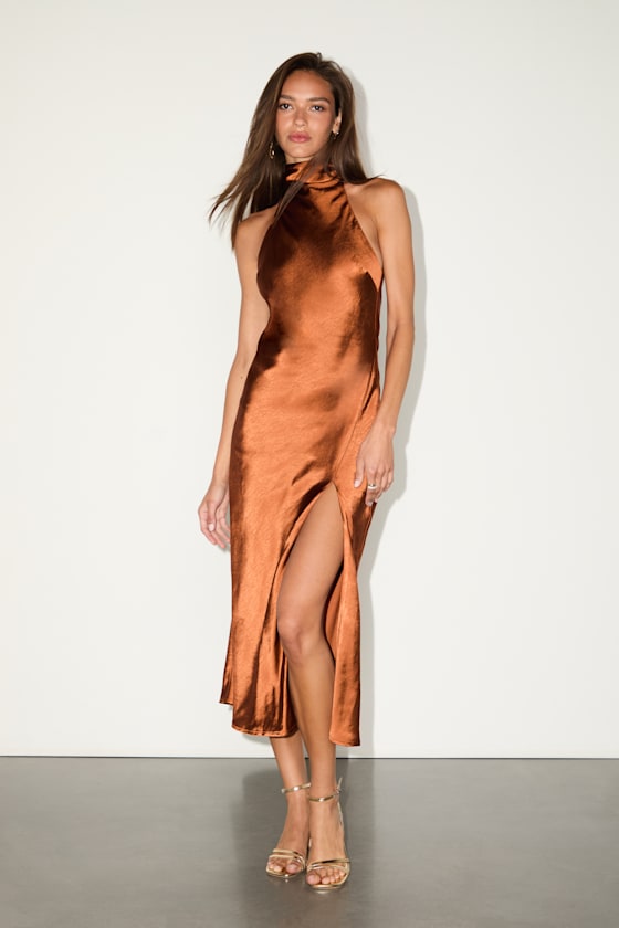 Exceptional Status Rust Halter Backless Slip Midi Dress #Color_Rust