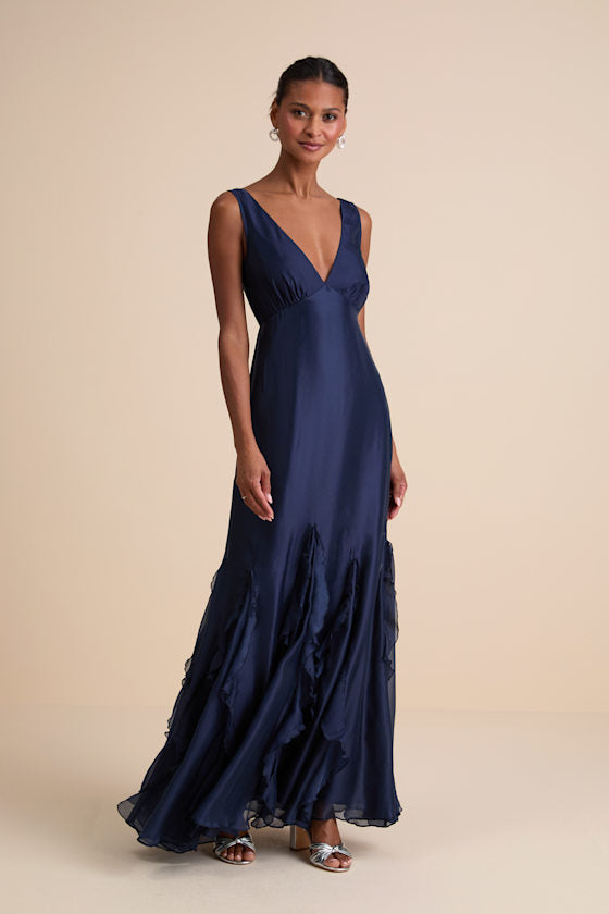 Deluca Navy Floral Sleeveless Ruffled Maxi Dress #Color_Navy