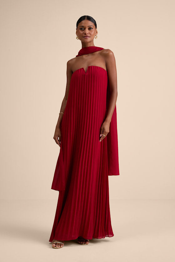 Lael Navy Pleated Strapless Dress and Scarf Set