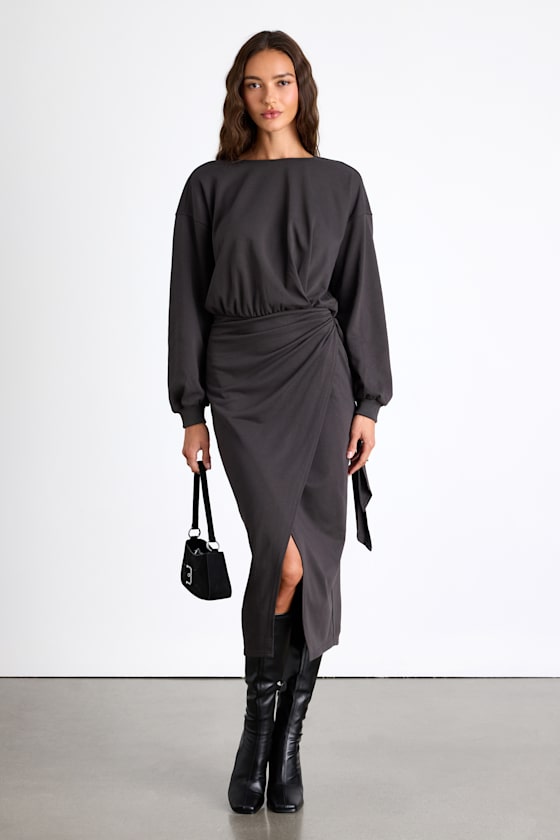 Eunia Charcoal Grey Jersey Knit Long Sleeve Wrap Midi Dress #Color_Charcoal Grey