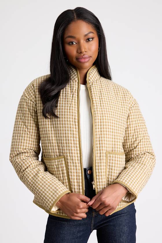 Bundled Perfection Olive Plaid Quilted Puffer Jacket