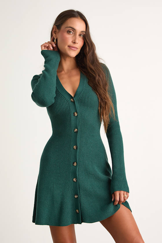 Adorably Flirty Heather Grey Button-Front Sweater Mini Dress