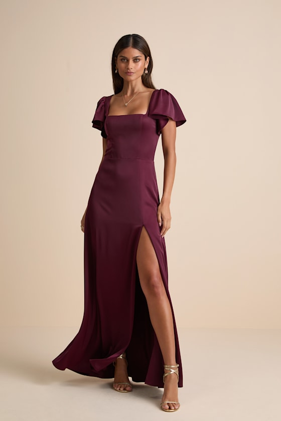 Ultimate Sweetness Plum Satin Flutter Sleeve Maxi Dress #Color_Plum