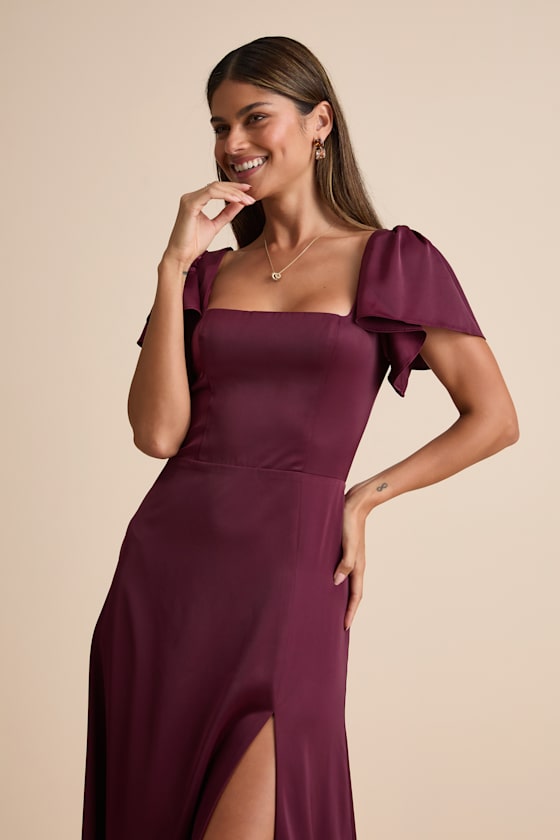 Ultimate Sweetness Plum Satin Flutter Sleeve Maxi Dress #Color_Plum
