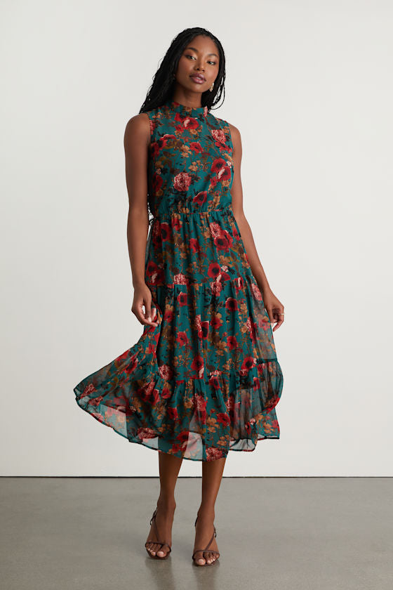 In My Dreams Sage Floral Print Midi Dress