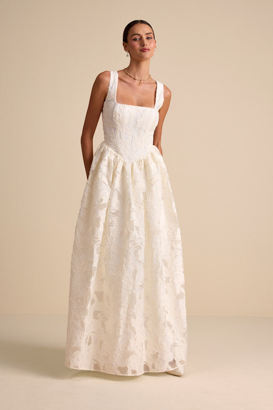 Corsen Ivory Floral Jacquard Corset A-Line Maxi Dress #Color_Ivory
