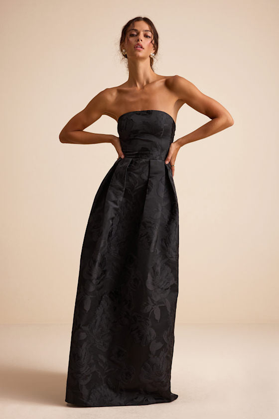 Laurelin Black Floral Jacquard Pleated Strapless Maxi Dress #Color_Black