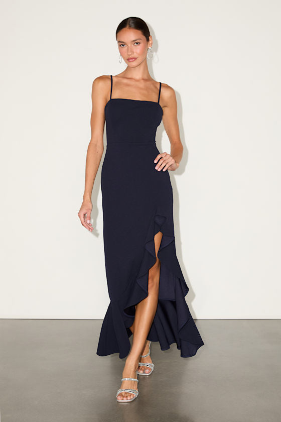 Iveta Navy Cutout Ruffled Sleeveless Midi Dress #Color_Navy