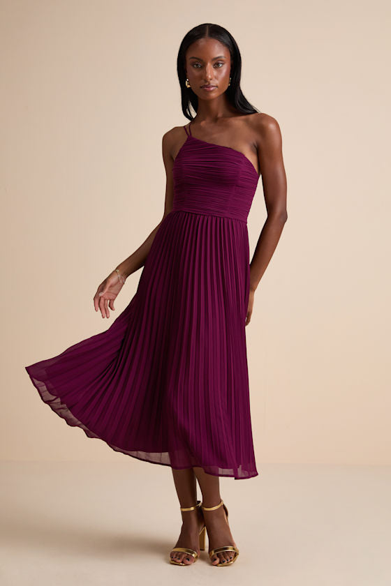Wondrous Muse Plum Pleated One-Shoulder Midi Dress #Color_Plum