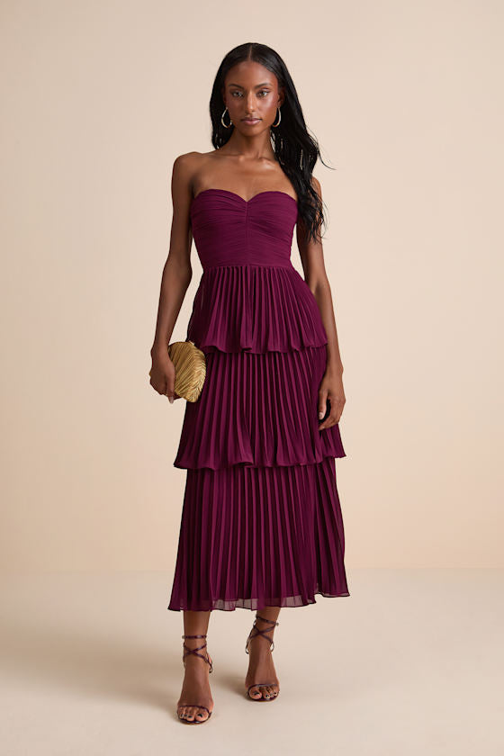 Seriously Sensational Plum Strapless Tiered Midi Dress #Color_Plum