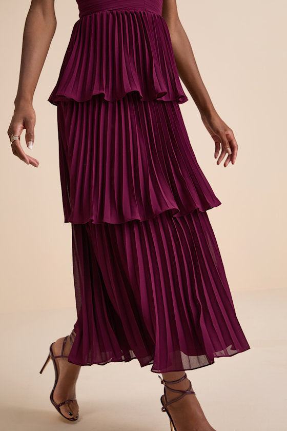Seriously Sensational Plum Strapless Tiered Midi Dress #Color_Plum