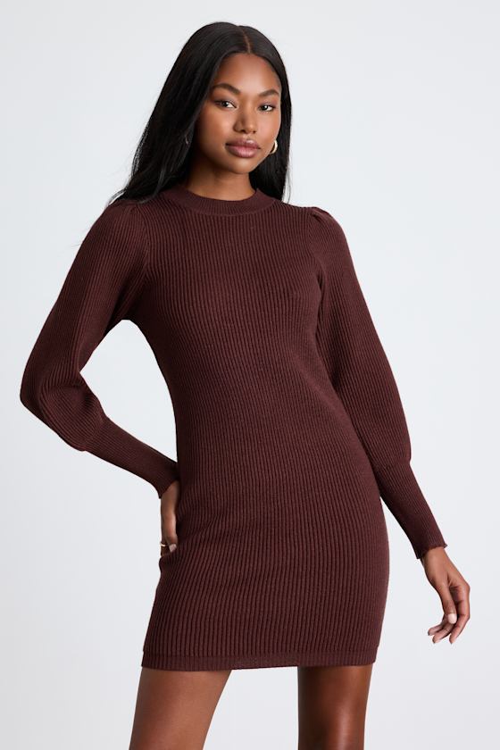 Loving You Fondly Brown Ribbed Knit Sweater Dress #Color_Brown