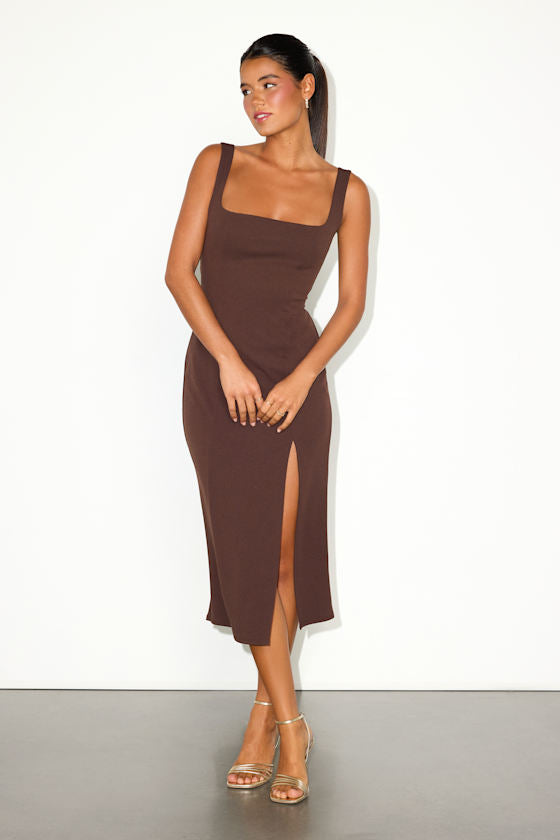 Davana Dark Brown Cutout Midi Dress #Color_Dark Brown