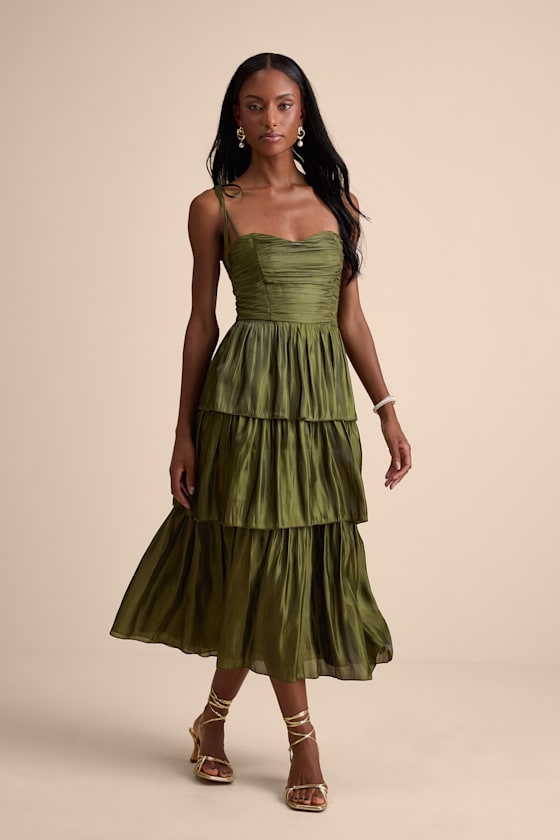 Tennon Olive Green Plisse Tiered Midi Dress #Color_Olive Green