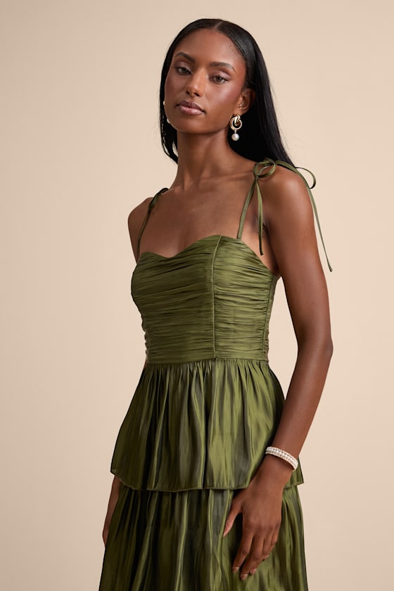 Tennon Olive Green Plisse Tiered Midi Dress #Color_Olive Green