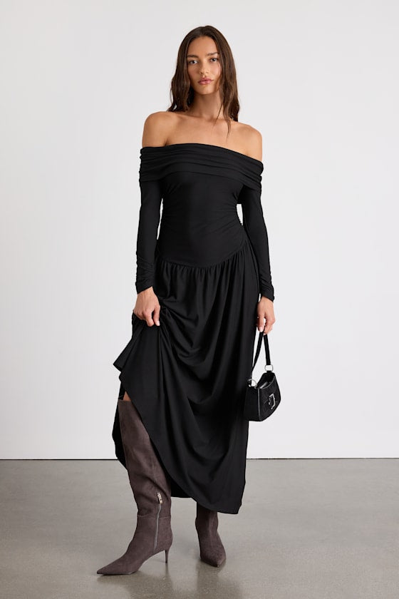Sescca Black Off-the-Shoulder Jersey Knit Maxi Dress #Color_Black