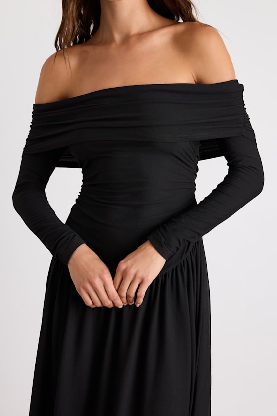 Sescca Black Off-the-Shoulder Jersey Knit Maxi Dress #Color_Black