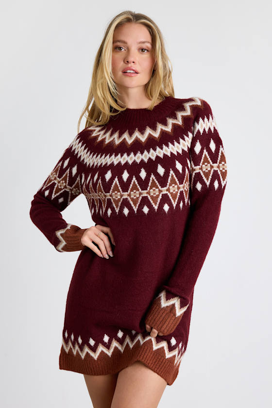 Becklynn Burgundy Fair Isle Sweater Mini Dress #Color_Burgundy Fair Isle