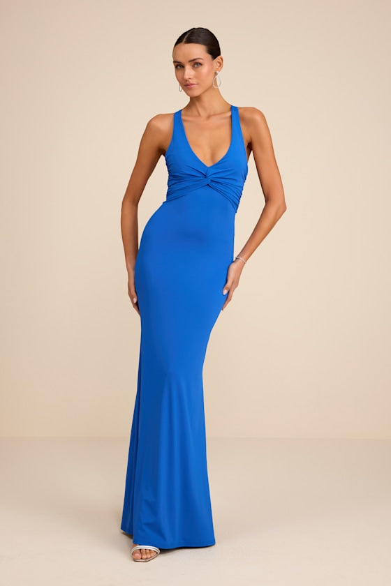 Cazy Royal Blue Jersey Knit Twist-Front Maxi Dress #Color_Royal Blue