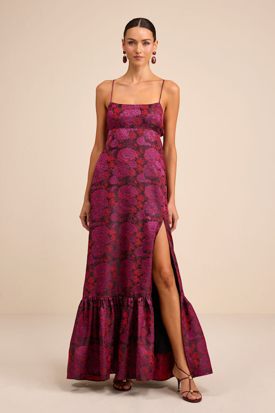 Jasiel Burgundy Jacquard Lace-Up Tiered Maxi Dress #Color_Burgundy