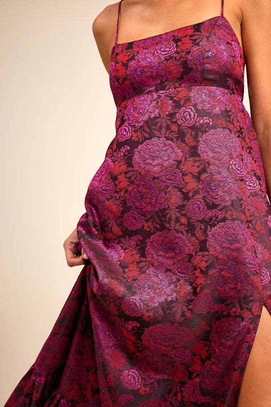 Jasiel Burgundy Jacquard Lace-Up Tiered Maxi Dress #Color_Burgundy