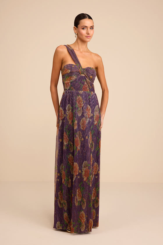 Maribella Dark Purple Floral Lurex Pleated Maxi Dress #Color_Dark Purple Floral