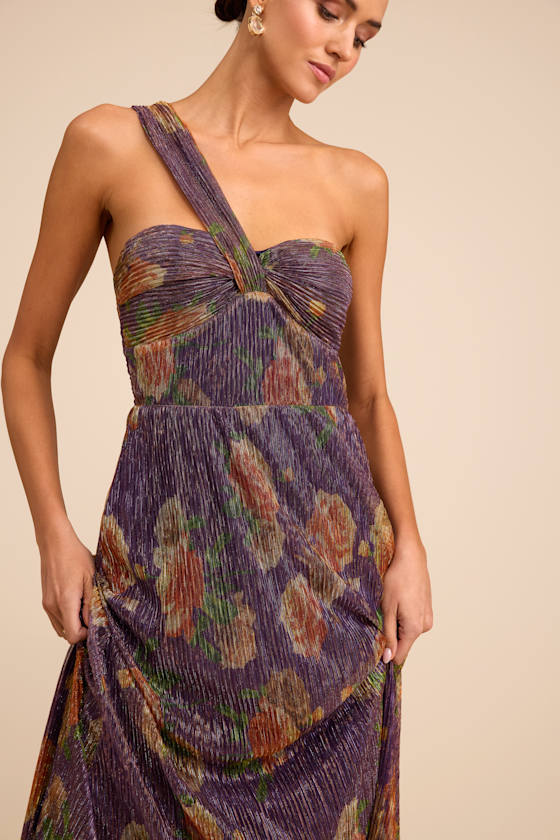 Maribella Dark Purple Floral Lurex Pleated Maxi Dress #Color_Dark Purple Floral