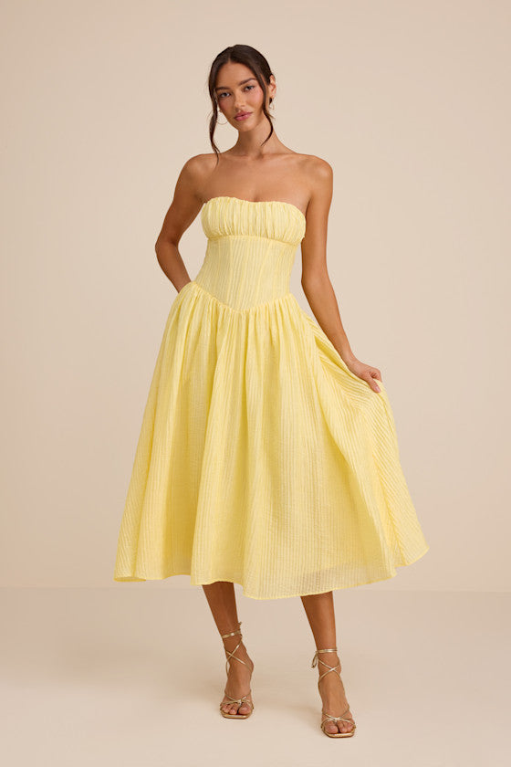 Aspen Pale Yellow Plisse Strapless Bustier Midi Dress #Color_Pale Yellow