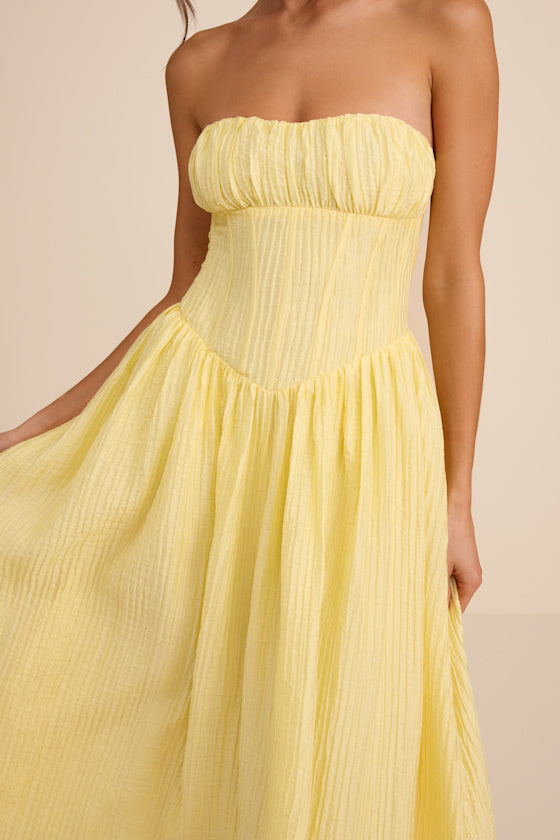 Aspen Pale Yellow Plisse Strapless Bustier Midi Dress #Color_Pale Yellow