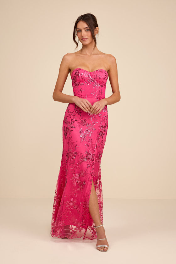 Confident Sensation Hot Pink Sequin Strapless Bustier Maxi Dress #Color_Hot Pink