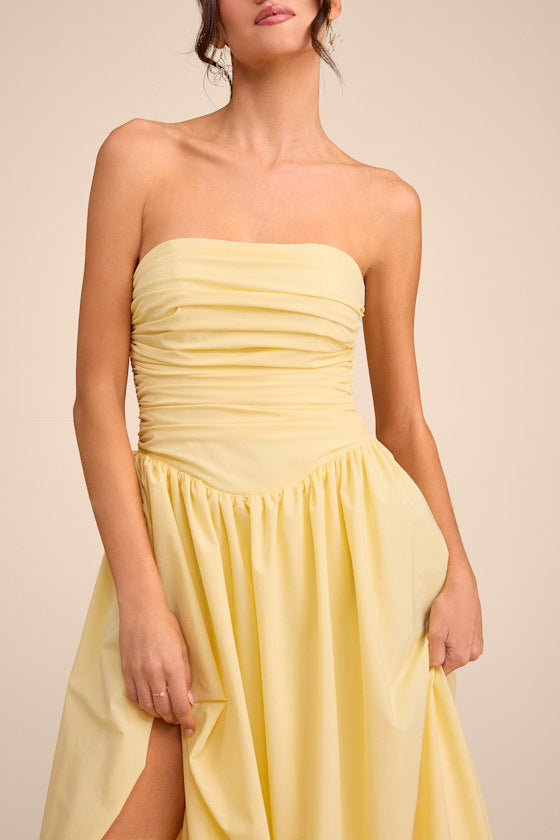 Marilou Light Yellow Strapless Ruched Lace-Up Maxi Dress #Color_Light Yellow