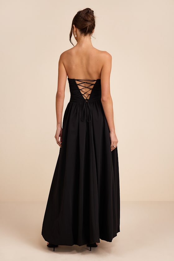 Marilou Black Strapless Ruched Lace-Up Maxi Dress #Color_Black
