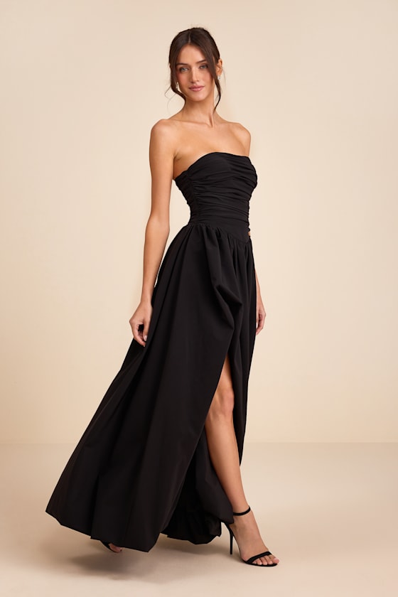 Marilou Black Strapless Ruched Lace-Up Maxi Dress #Color_Black