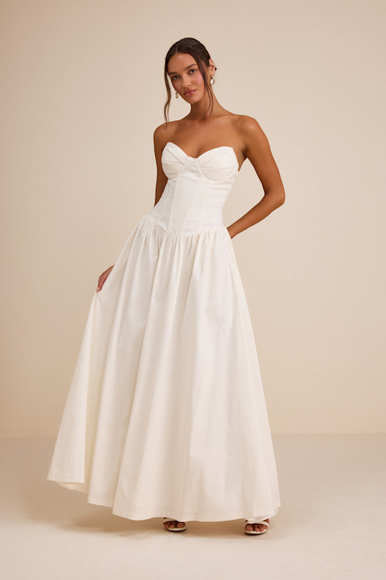 Almeria White Strapless Lace-Up Maxi Dress #Color_White