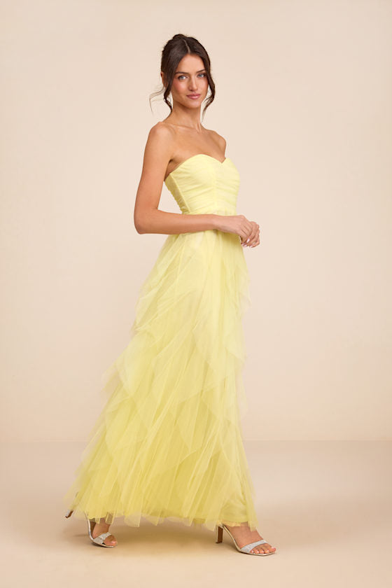 Delightful Beauty Yellow Strapless Ruched Ruffled Maxi Dress #Color_Yellow