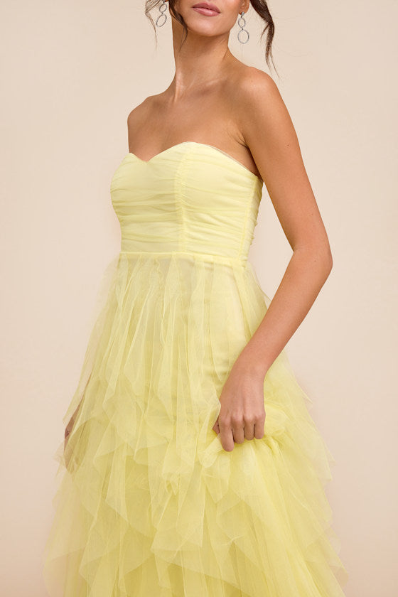Delightful Beauty Yellow Strapless Ruched Ruffled Maxi Dress #Color_Yellow