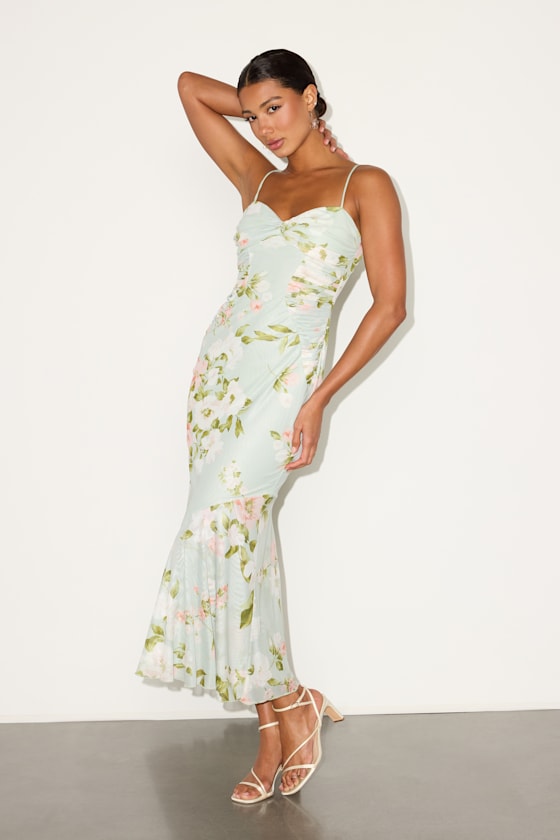 Giorgina Sage Floral Mesh Gathered Trumpet Midi Dress #Color_Sage Floral
