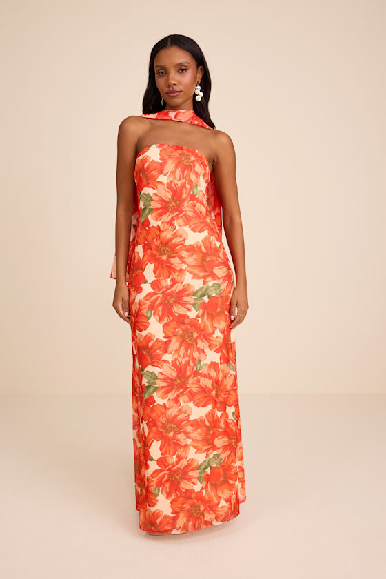 Rawya Red Orange Strapless Maxi Dress and Scarf Set