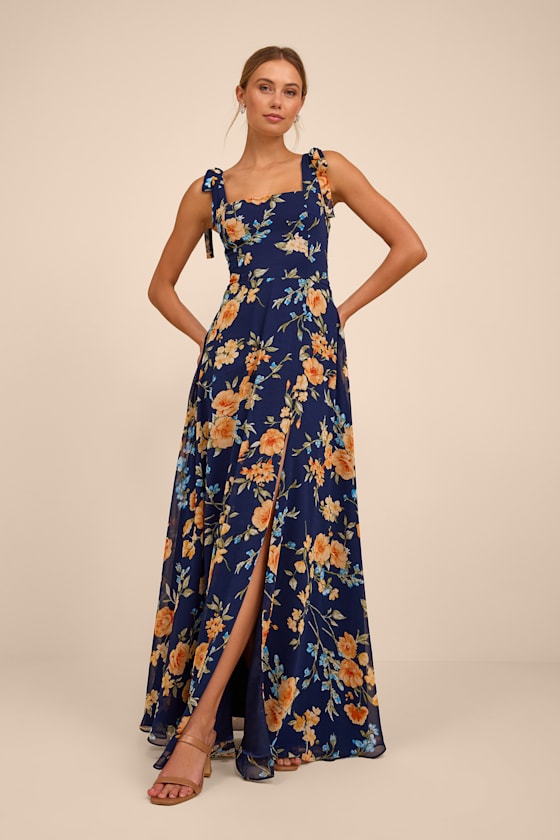 Love Me Forever Navy Blue Floral Square Neck Maxi Dress #Color_Navy Blue Floral