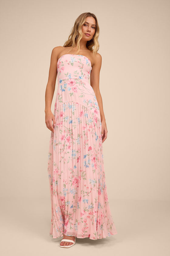 Celebratory Aesthetic Pink Floral Pleated Strapless Maxi Dress #Color_Pink Floral