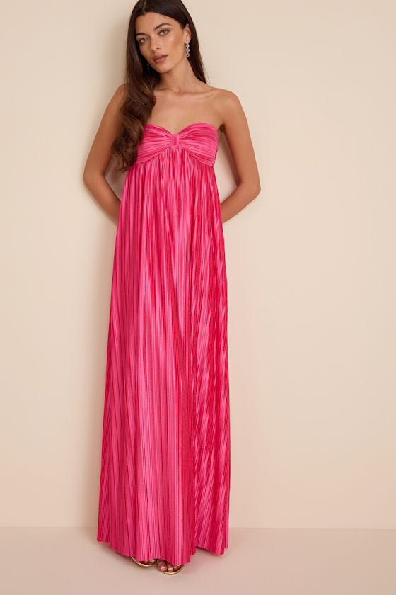 Whimsical Beauty Dark Purple Satin Plisse Strapless Maxi Dress