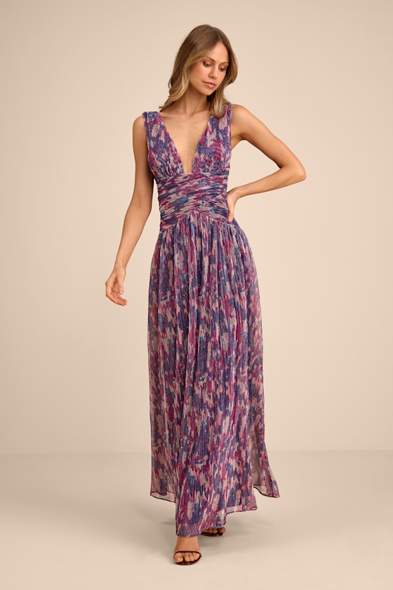 Evaluna Purple Abstract Print Lurex Pleated Maxi Dress #Color_Purple Abstract Print