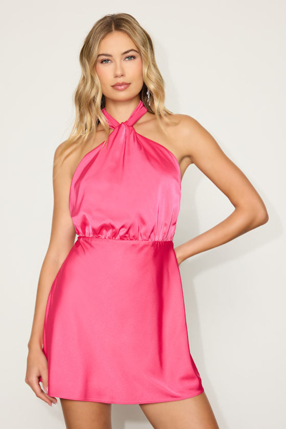 Sleek Essence Light Yellow Satin Halter Sleeveless Mini Dress